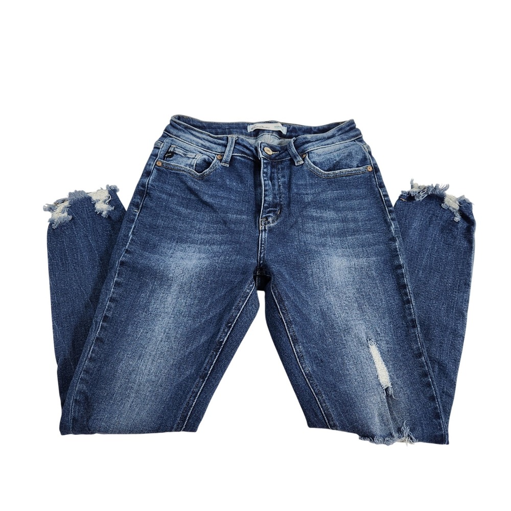 Kancan High Rise Distressed Skinny‎ Jeans Medium Wash Raw Hem Size 27